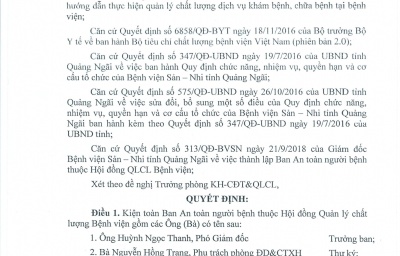 Quyết định V/v kiện toàn Ban An toàn người bệnh thuộc Hội đồng Quảng lý chất lượng Bệnh viện Sản-Nhi tỉnh Quảng Ngãi